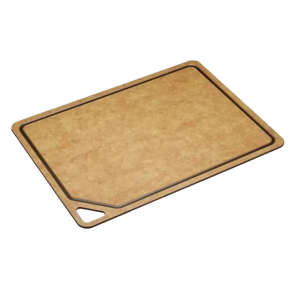 Brown cutting board with a black border on a white background