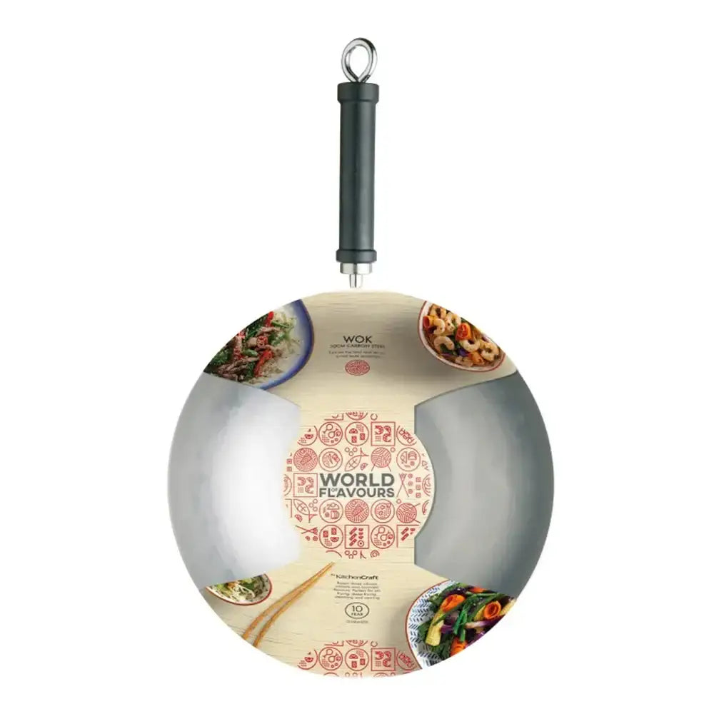 Wok with a decorative handle and design on a white background