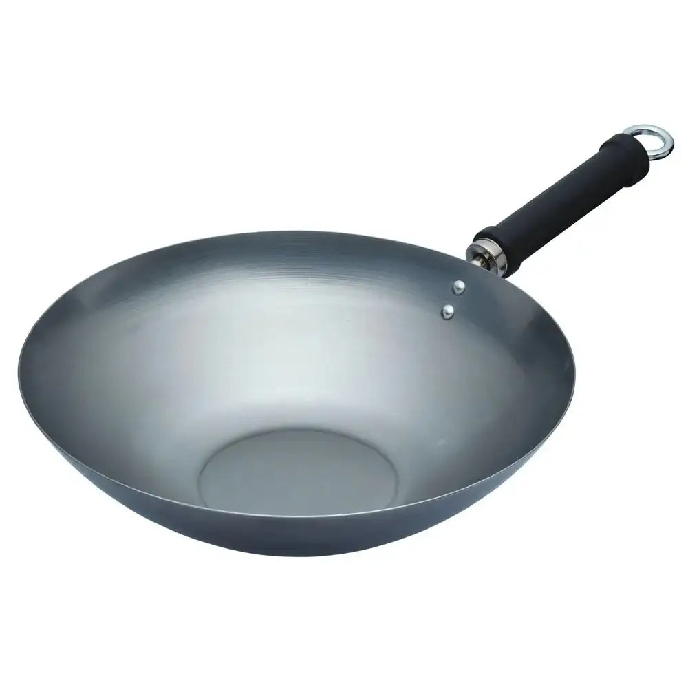 Gray wok with a black handle on a white background