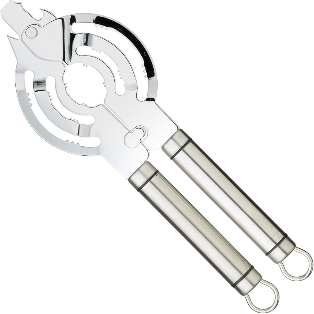 Metallic kitchen tool with two handles on a white background