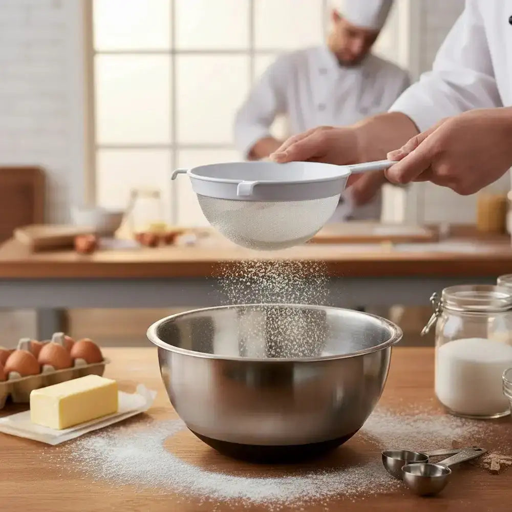 Person sifting flour into a bowl on a kitchen counter with another person in the background.