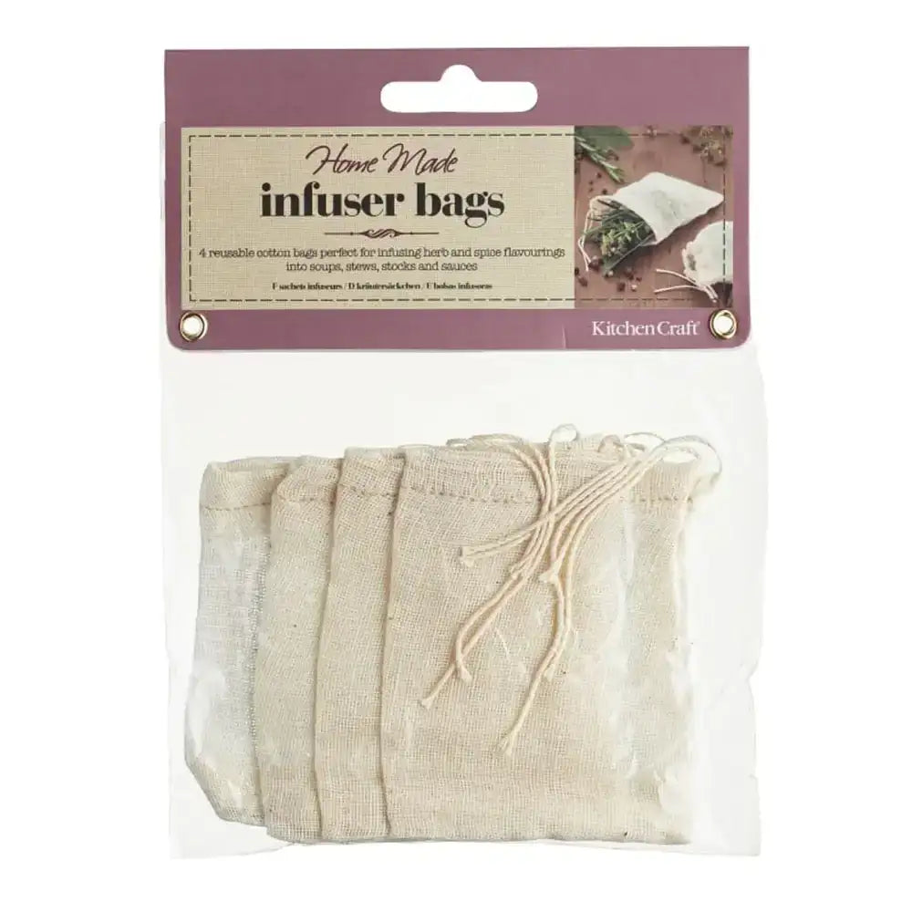 Packaged home-made infuser bags with a purple label on a white background