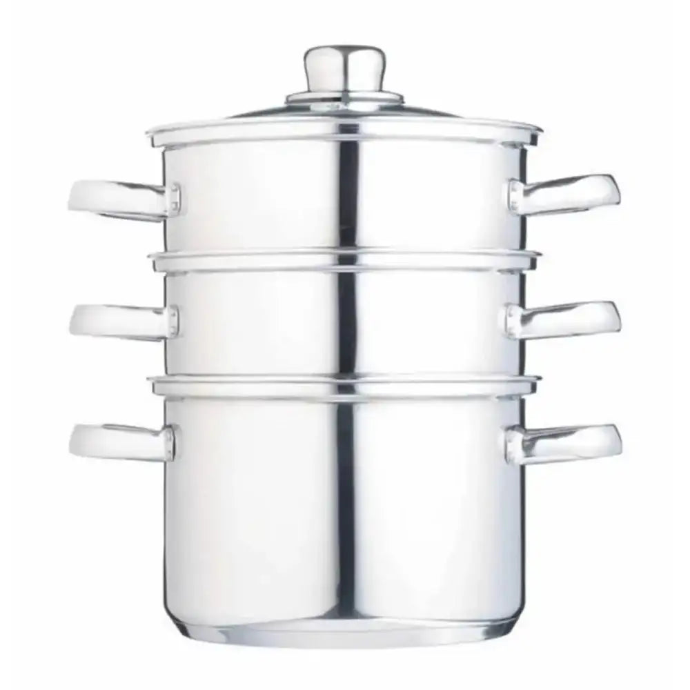 Clear glass steamer with metal handles on a white background