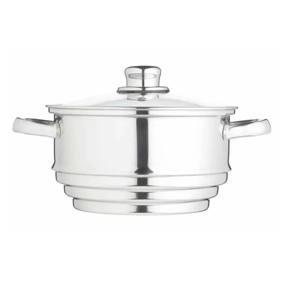 Stainless steel pot with glass lid on a white background