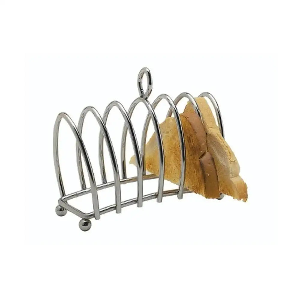 Metal toast rack with slices of bread on a white background