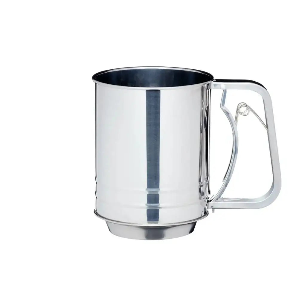 Stainless steel mug with handle on a white background