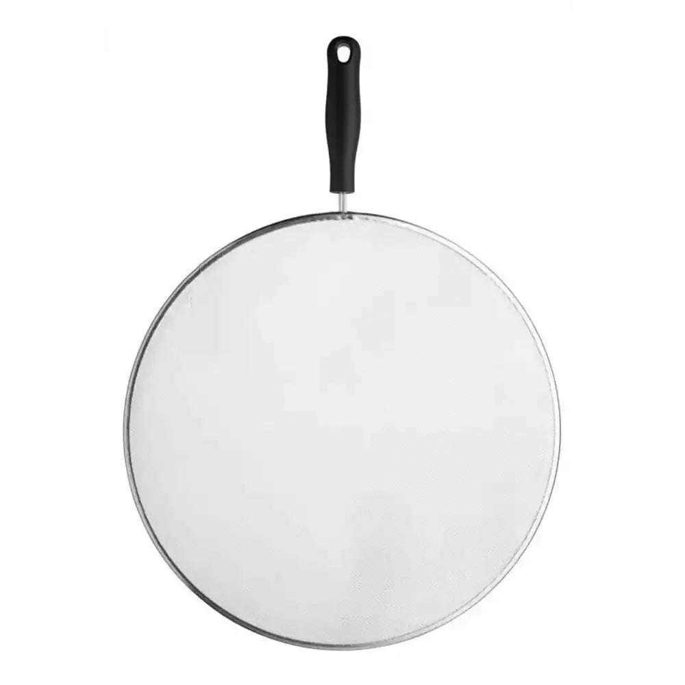 Round glass screen with black handle on a white background