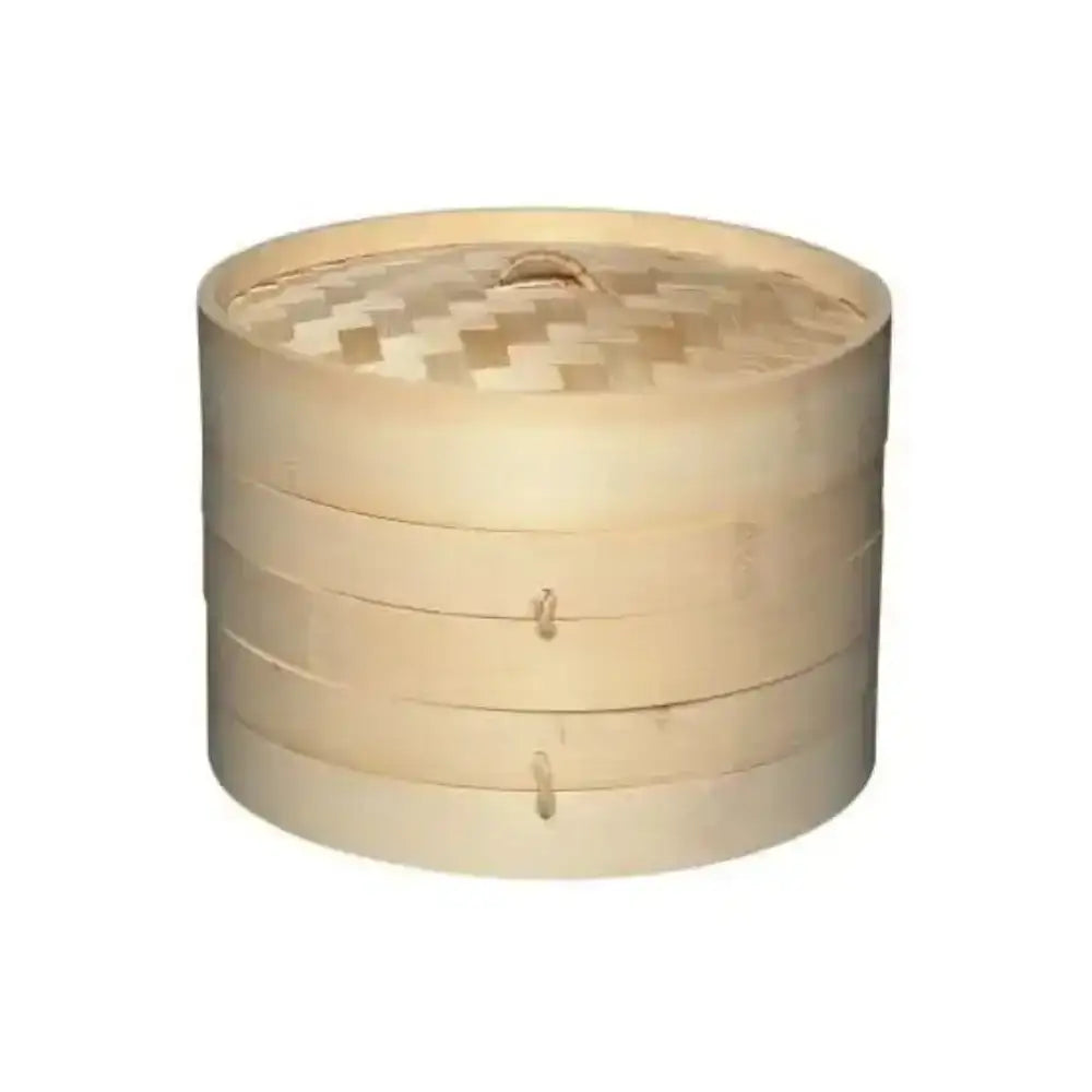 Bamboo steamer with lid on a white background