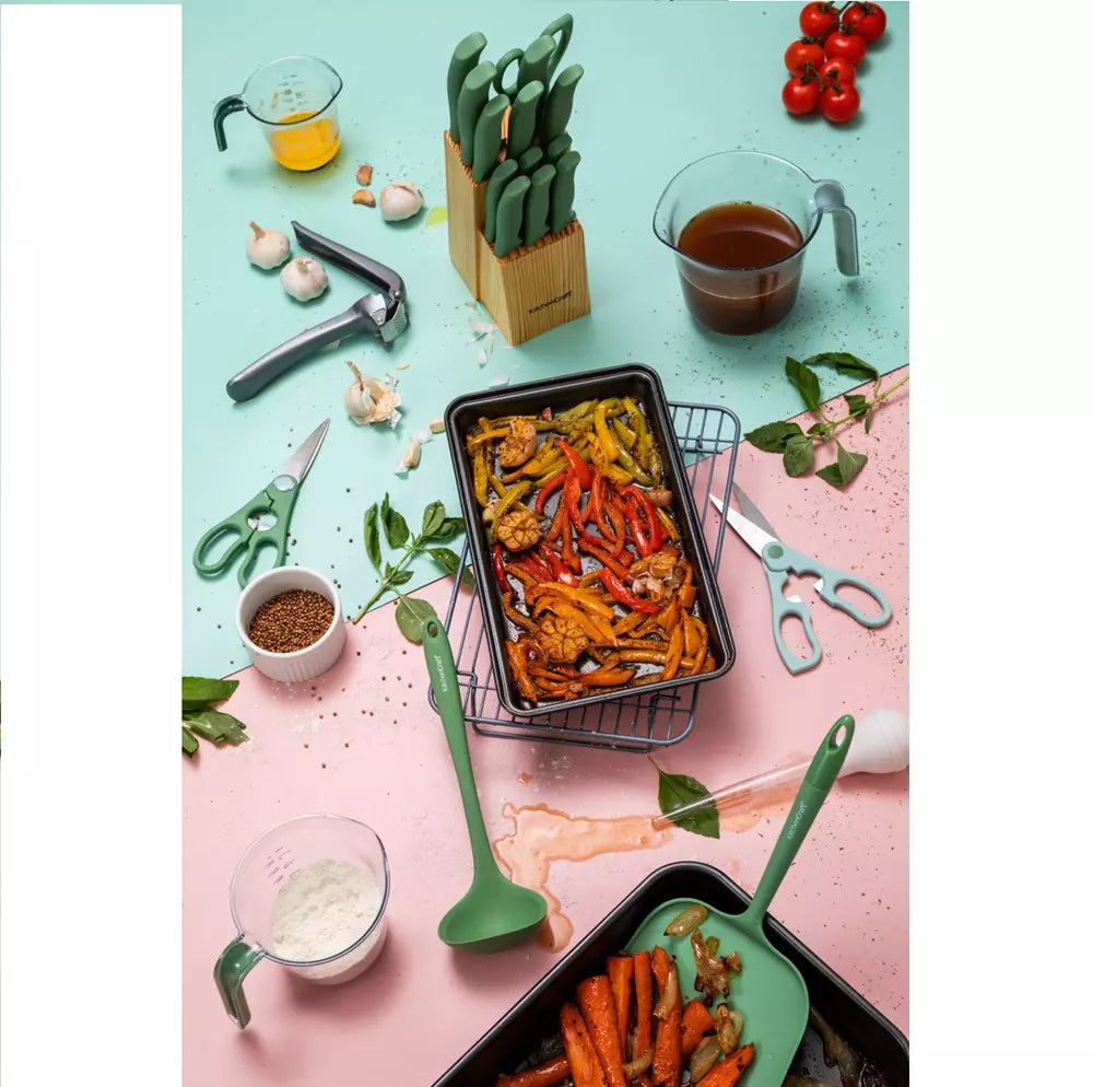 Cooking scene with vegetables, kitchen tools, and ingredients on a colorful background