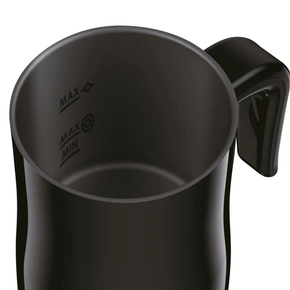 Black measuring cup with handle and measurement markings on a white background