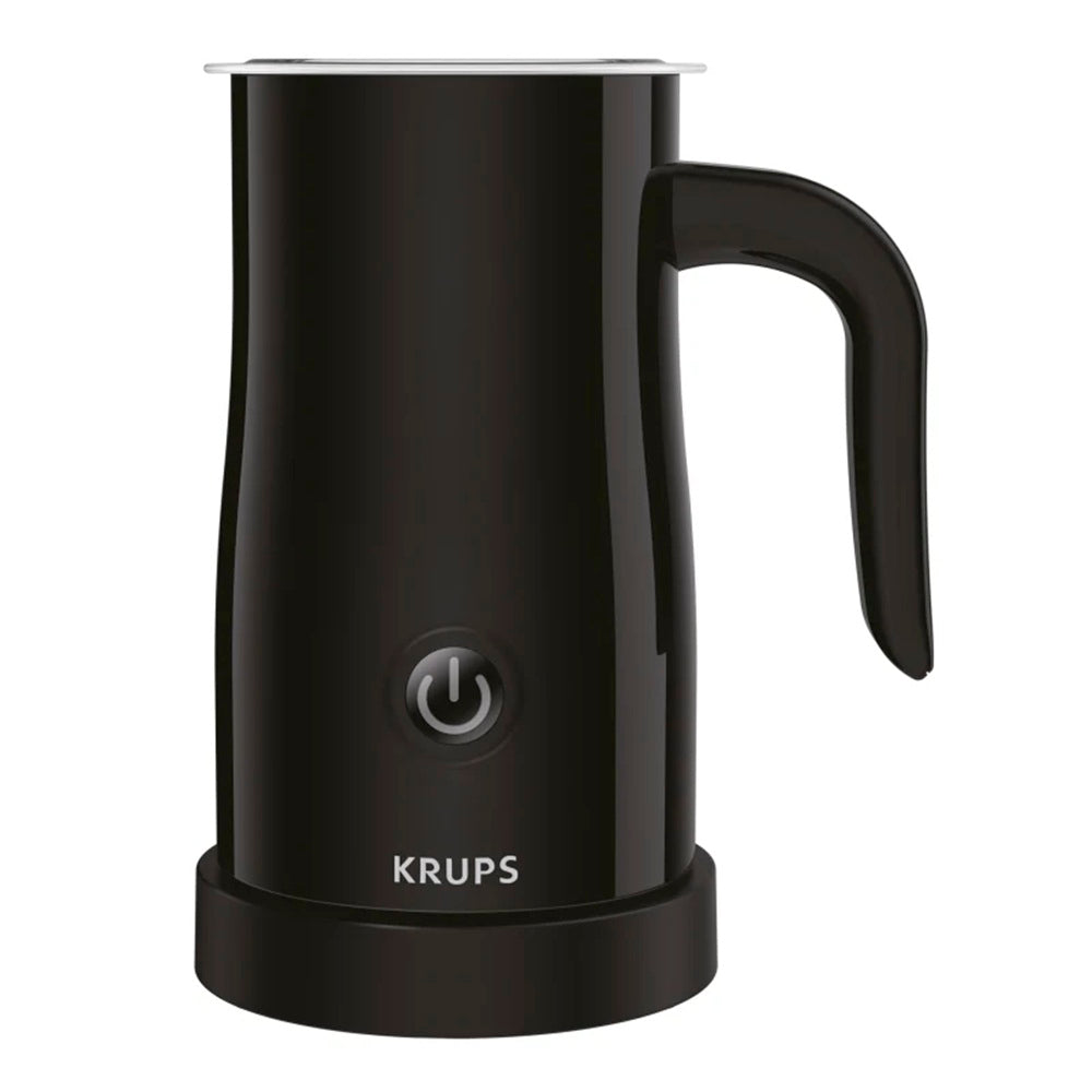 Black Krups milk frother on a white background