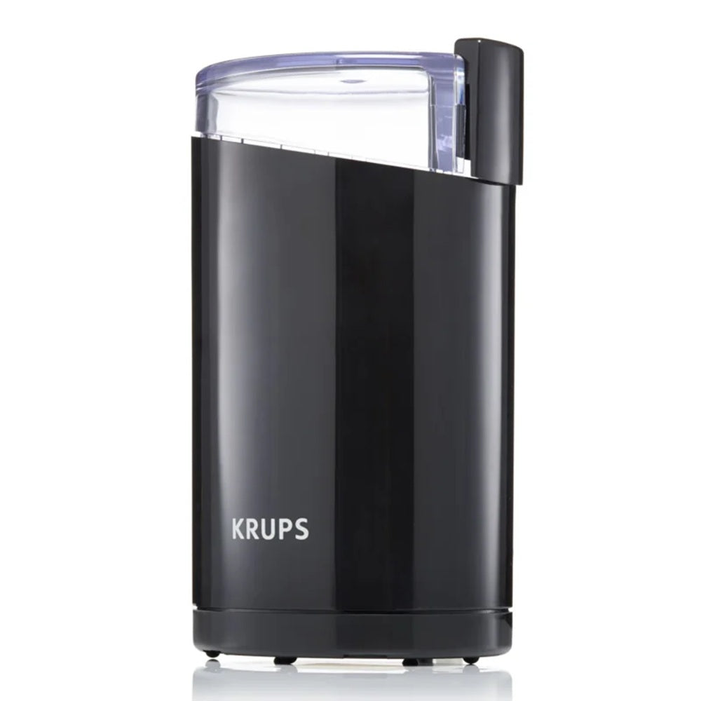 Black KRUPS coffee grinder on a white background