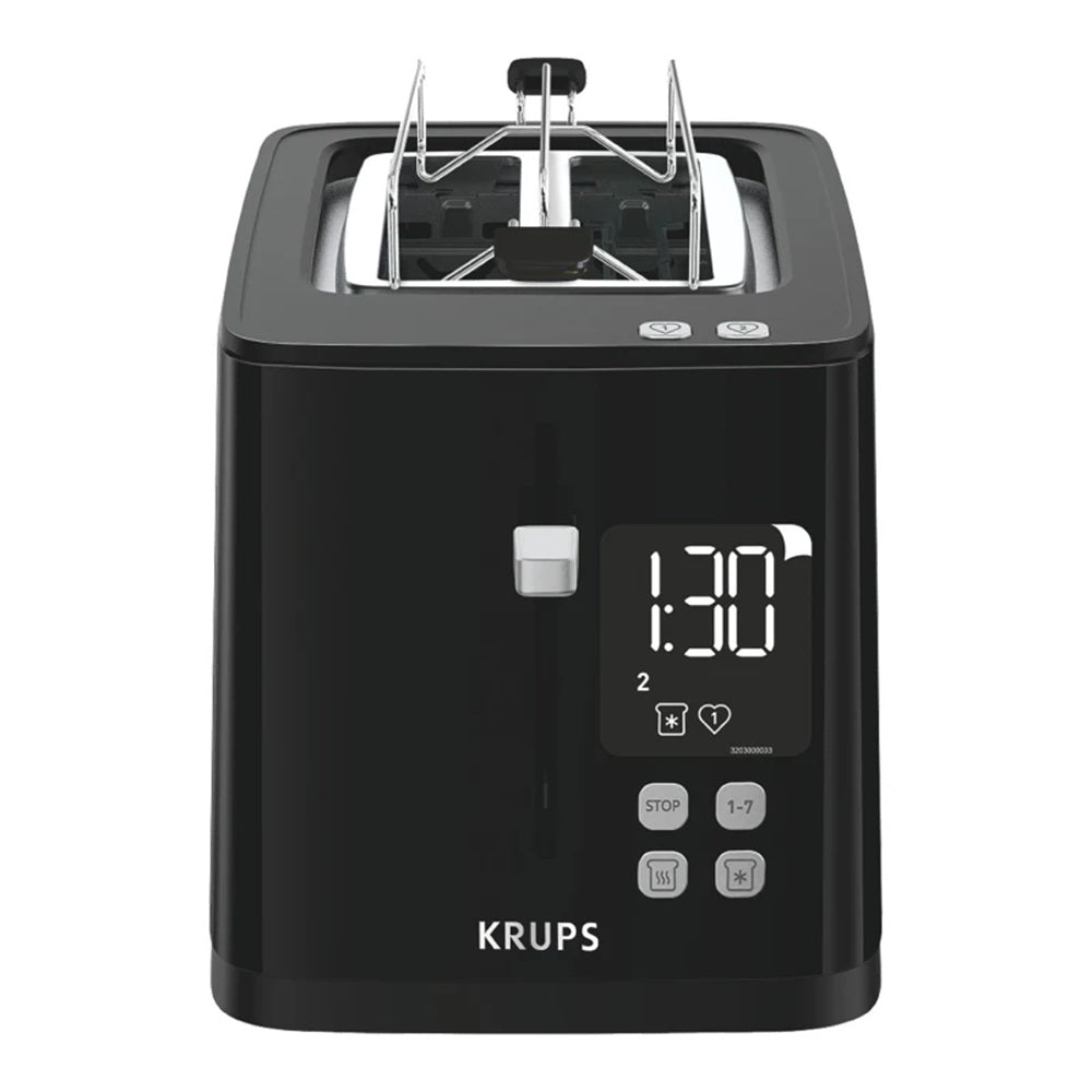 Black Krups toaster with digital display on a white background