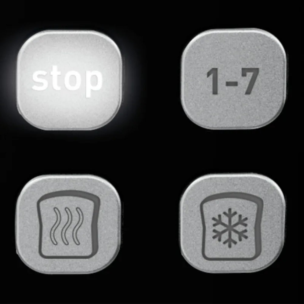 Control panel with buttons labeled 'stop', '1-7', 'toast', and 'snowflake' on a black background.
