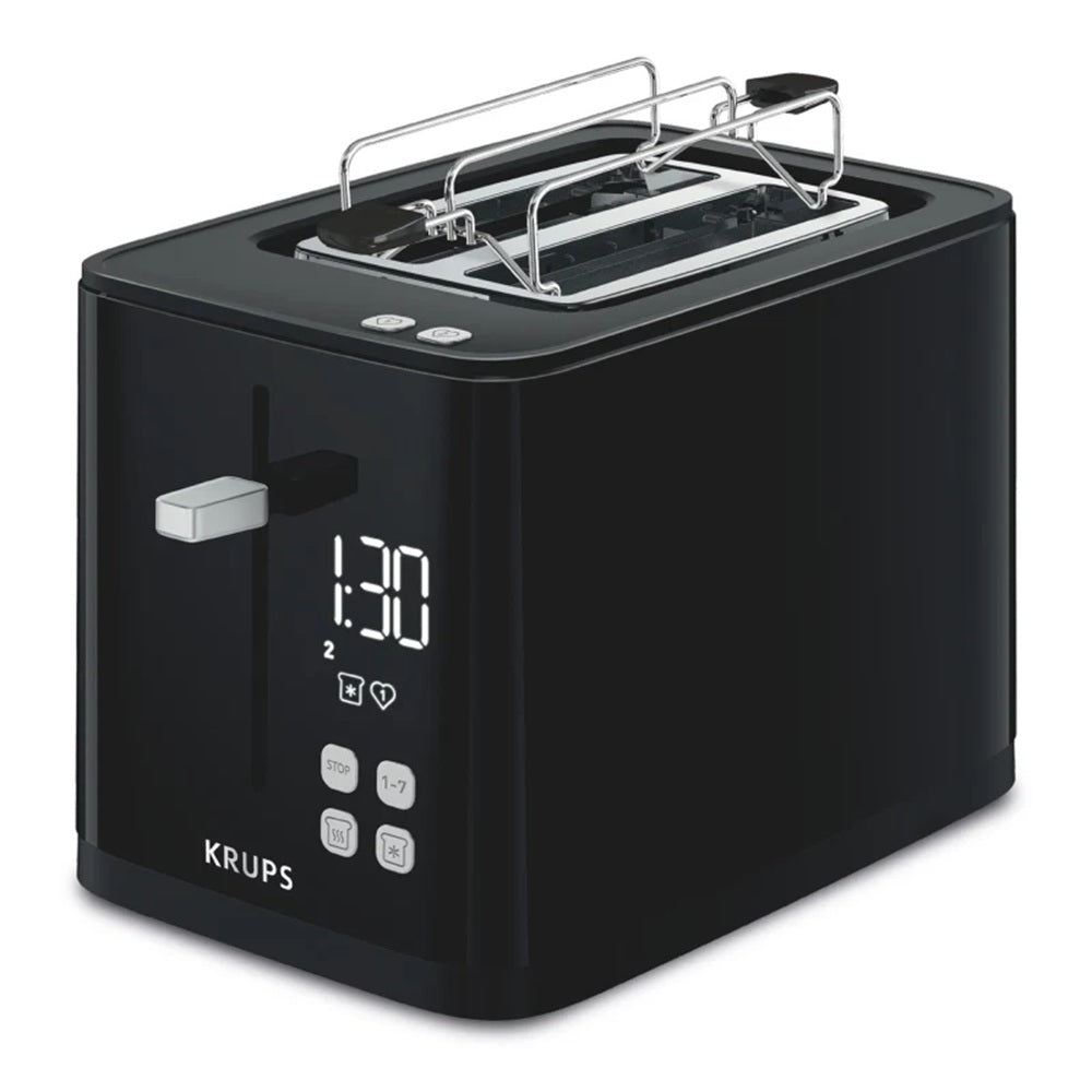 Black Krups toaster with digital display on a white background