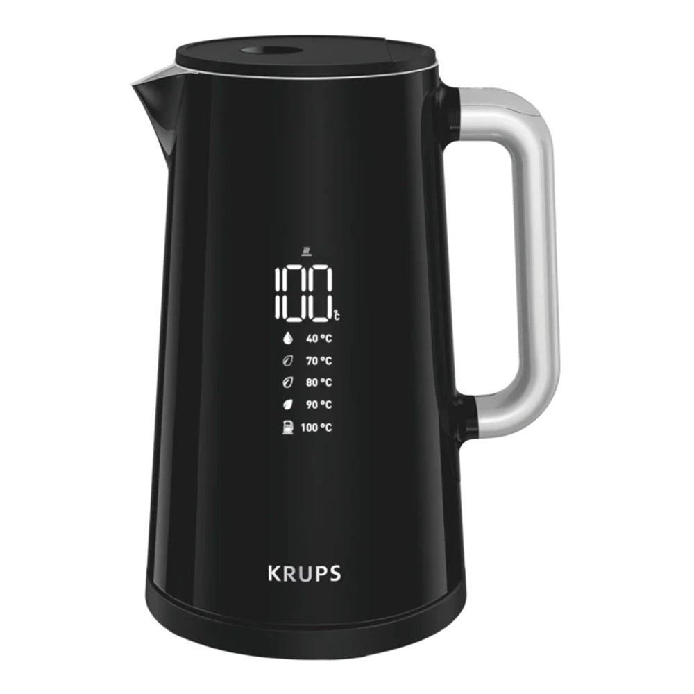 Black electric kettle with digital temperature display on a white background, featuring the brand 'Krups'.