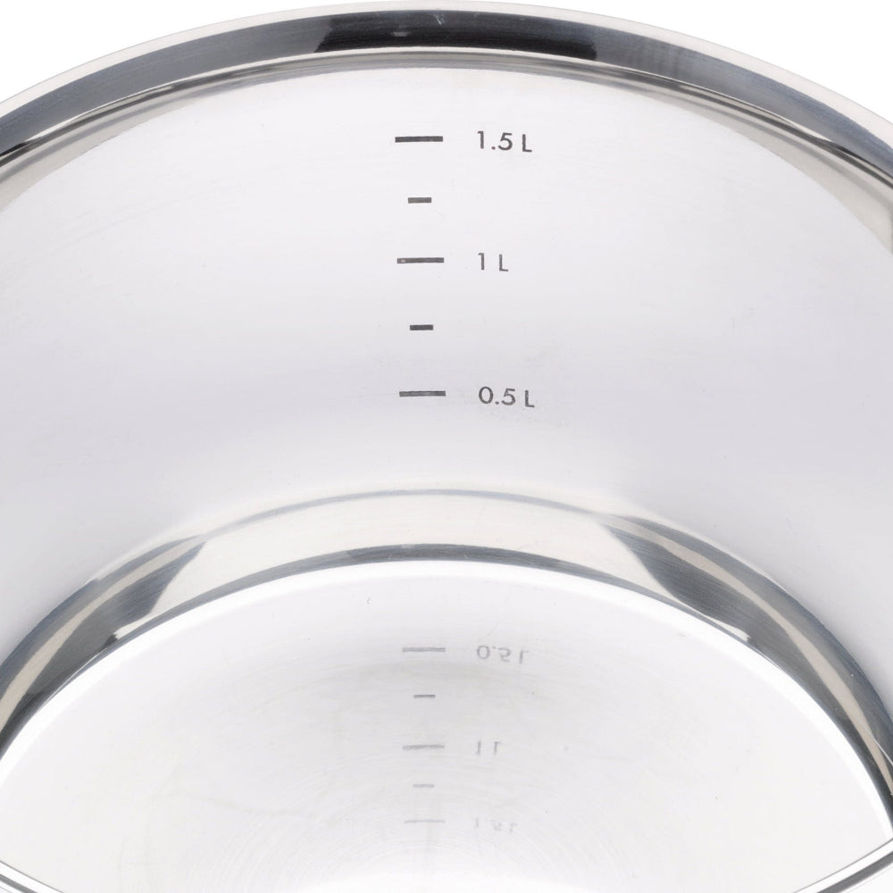 Close-up of the inside of a stainless steel pot or saucepan showing printed liquid measurement markings in liters: 1.5 L, 1 L, 0.