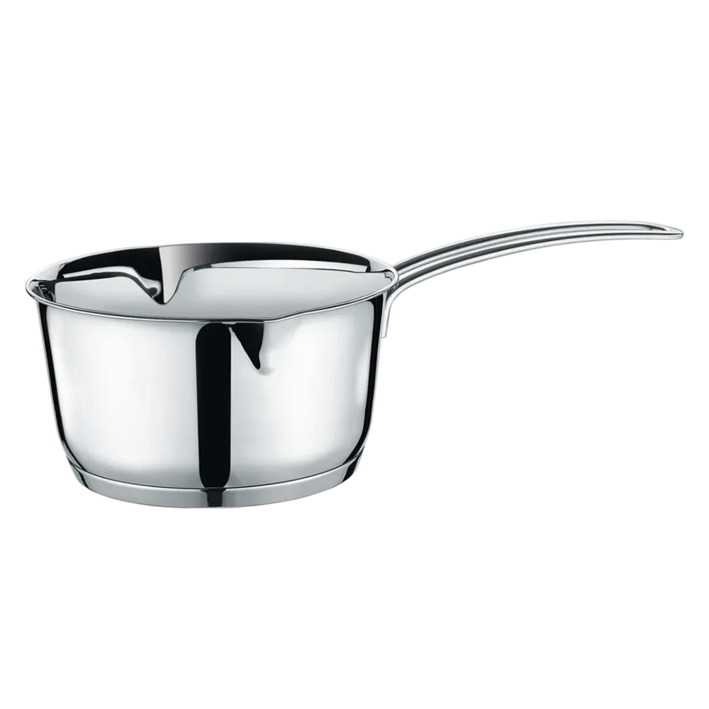 Stainless steel saucepan on a white background