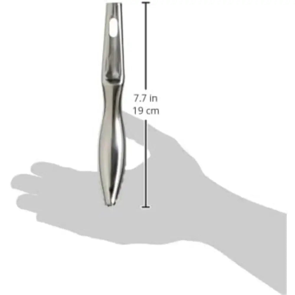 Measurement of a metallic tool against a hand silhouette on a white background