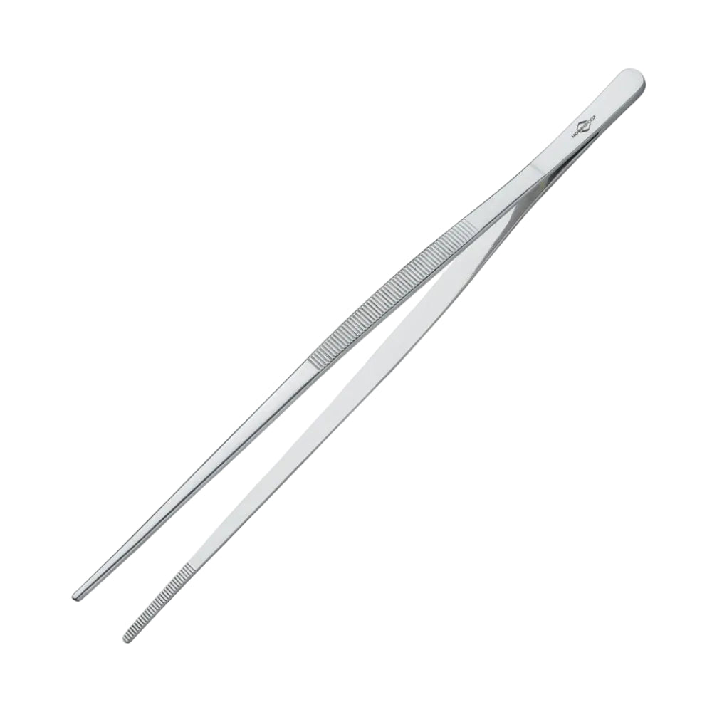 Stainless steel food tweezers on a white background