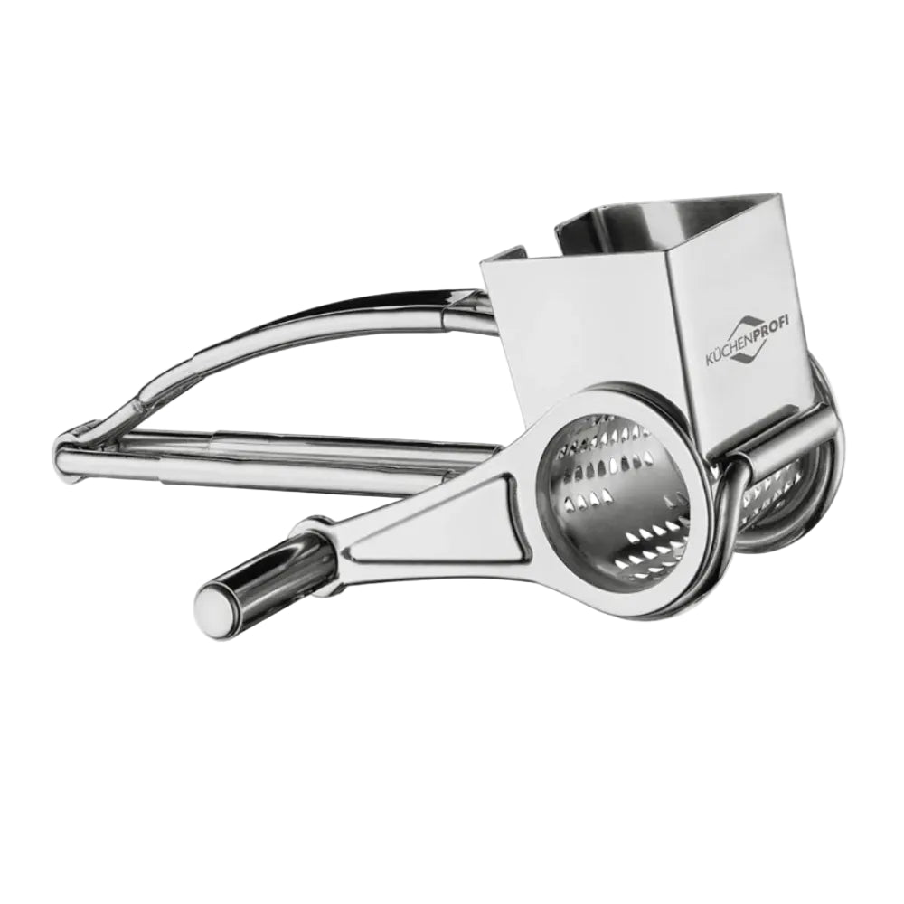 Stainless steel rotary cheese grater on a white background