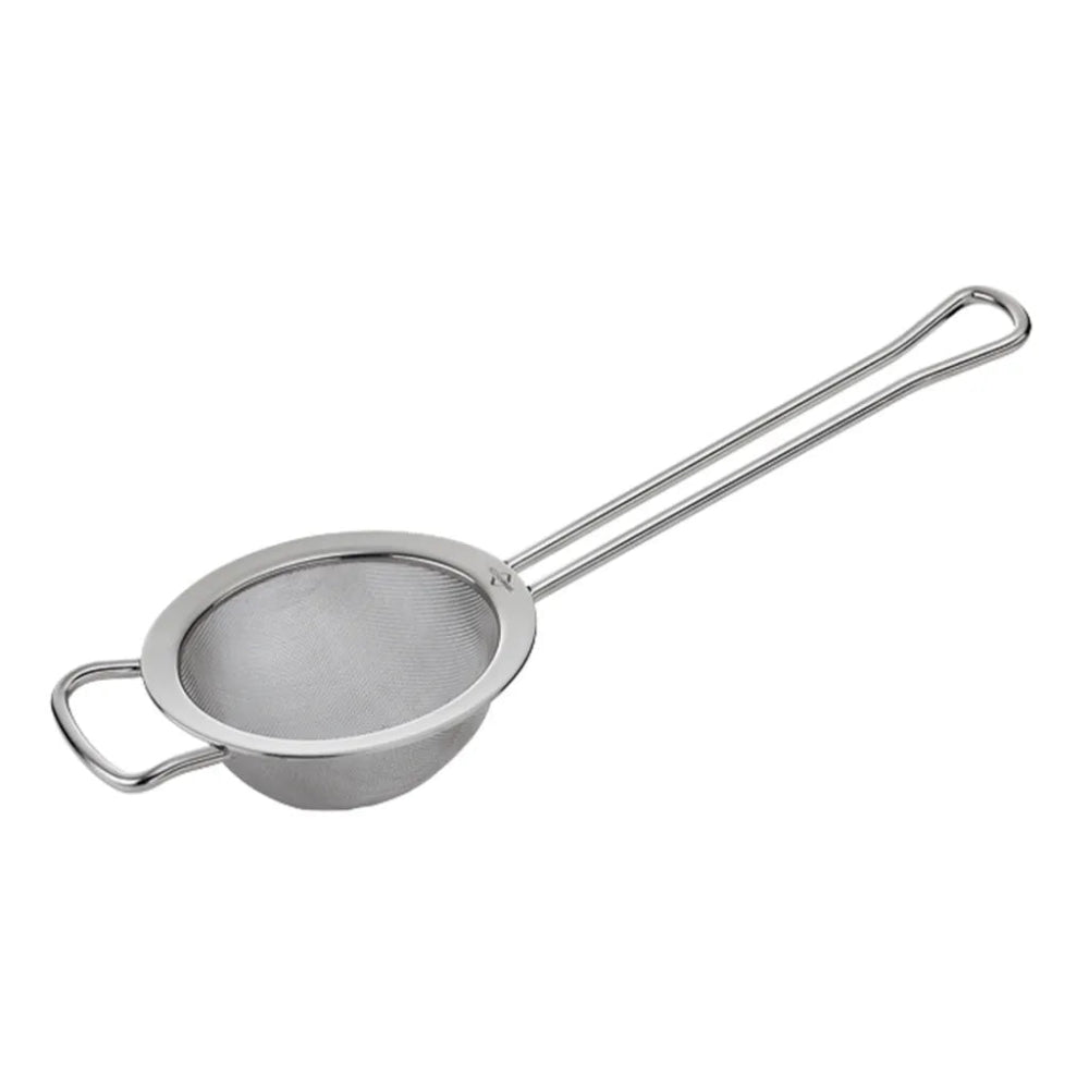 A stainless steel mesh strainer with a long loop handle and a small side handle, shown on a plain white background.