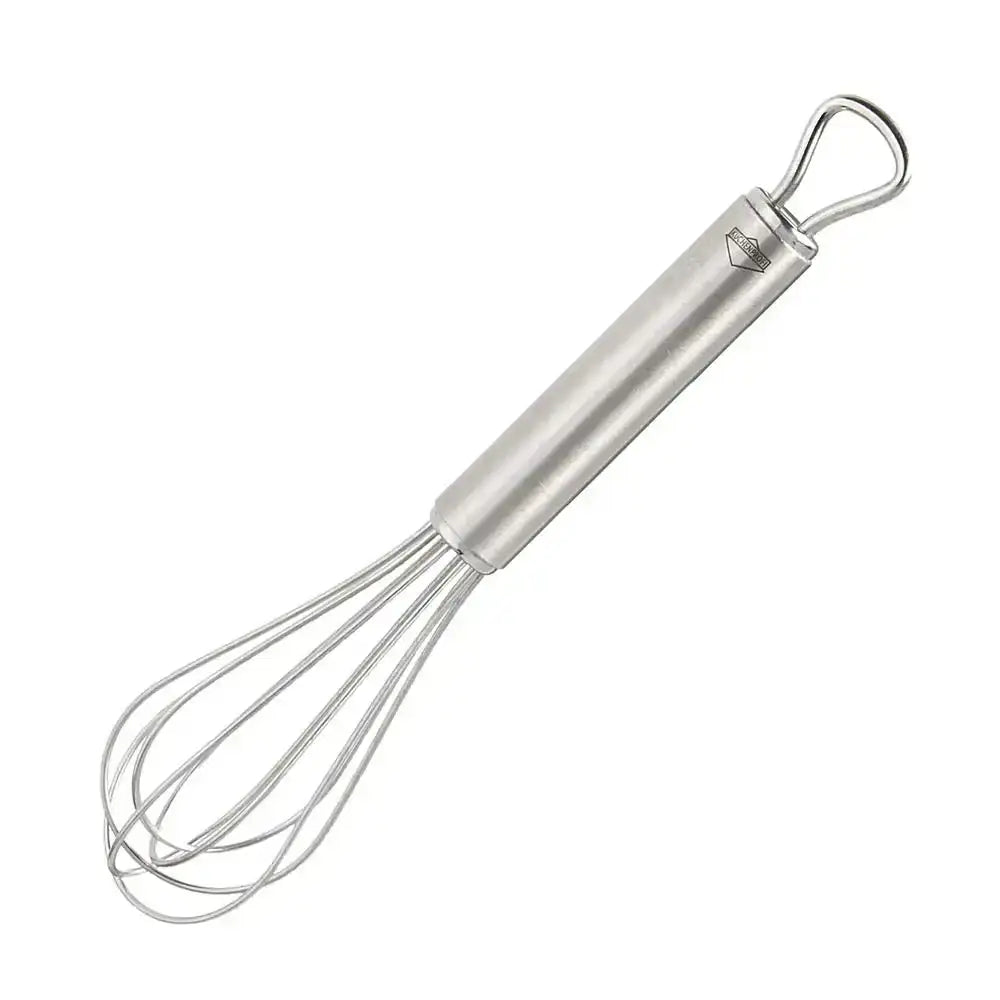 Metallic whisk with a handle on a white background