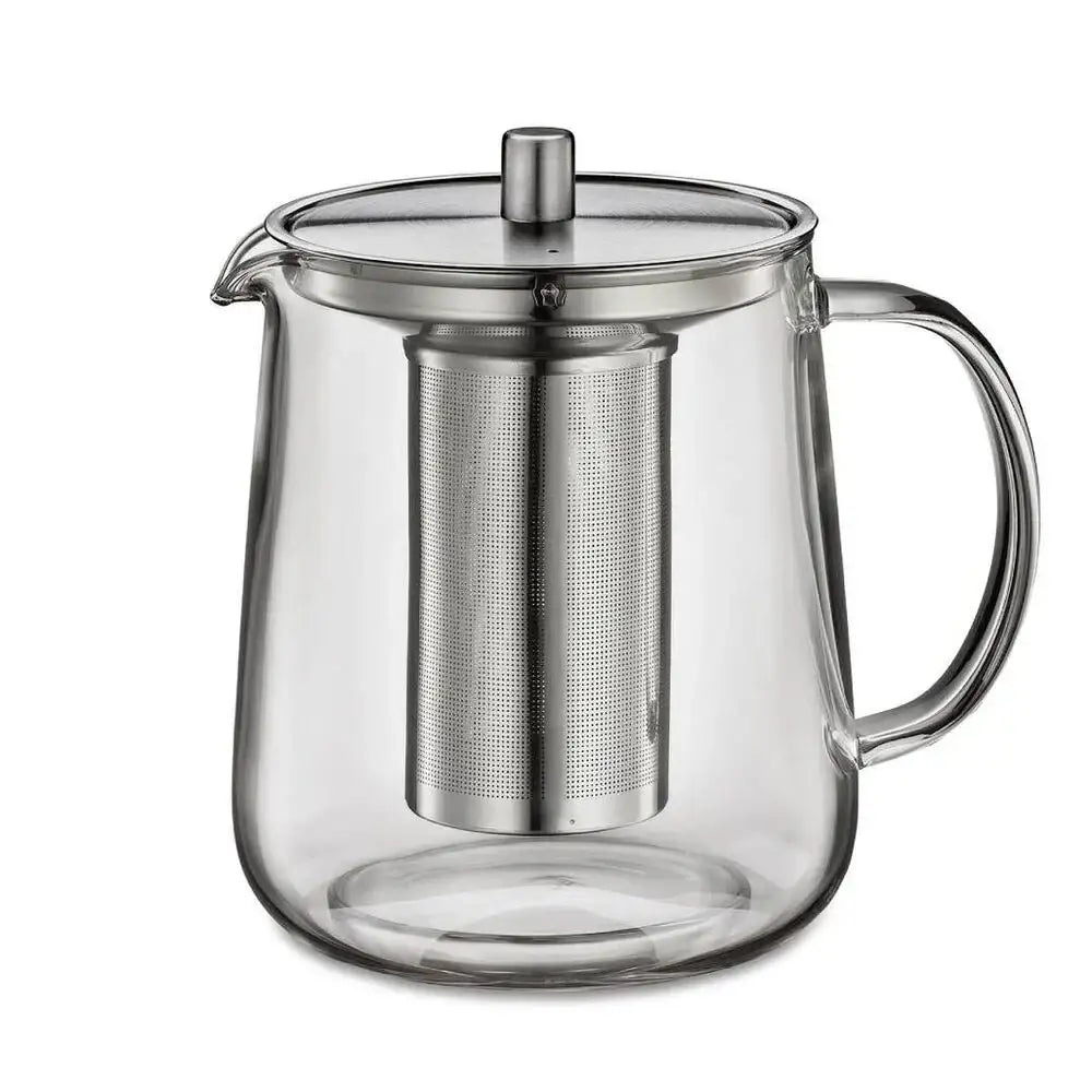 Clear glass teapot with metal infuser on a white background