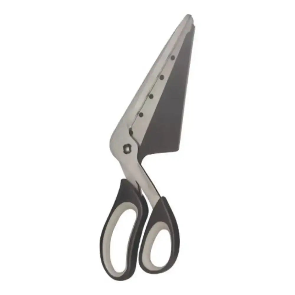 Pair of pizza scissors with black handles on a white background