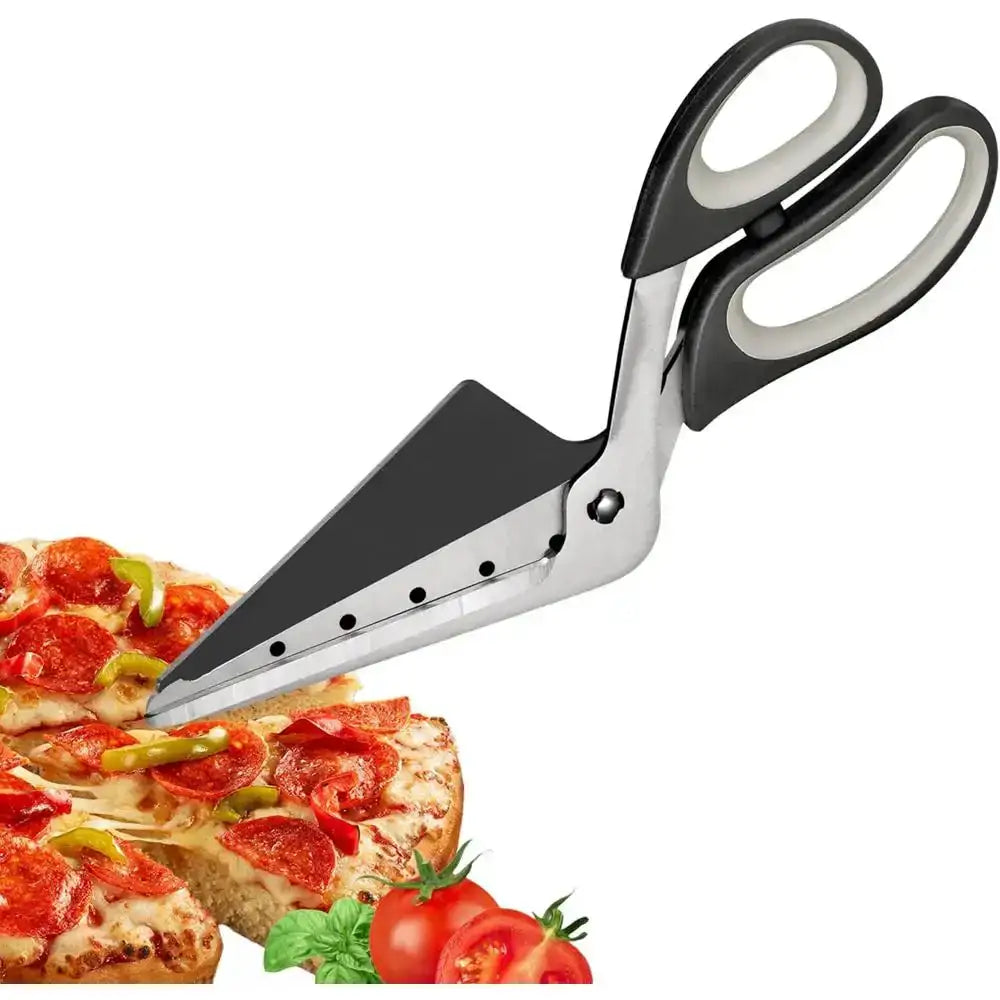 Pizza scissors with a pizza and vegetables on a white background