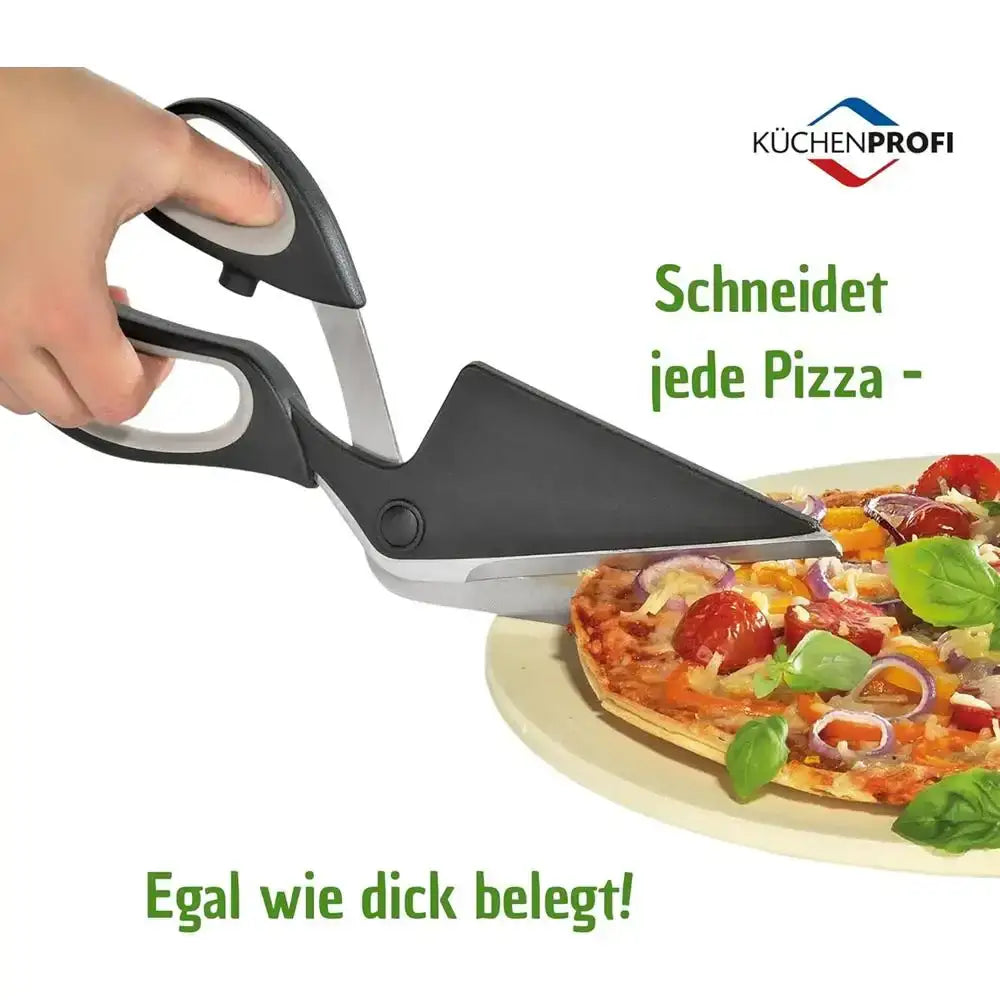 Pizza scissors being used on a pizza with text and brand logo.