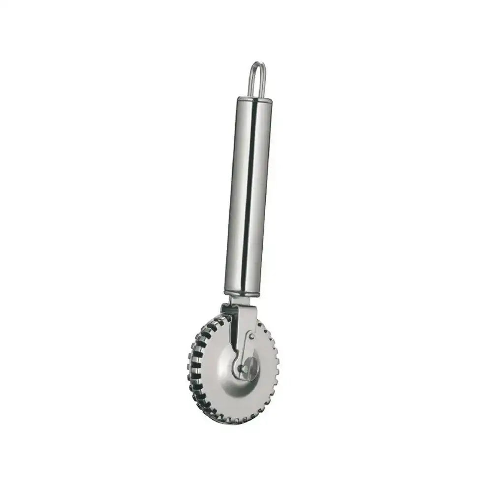 Metallic kitchen tool with a cylindrical handle and circular blade on a white background