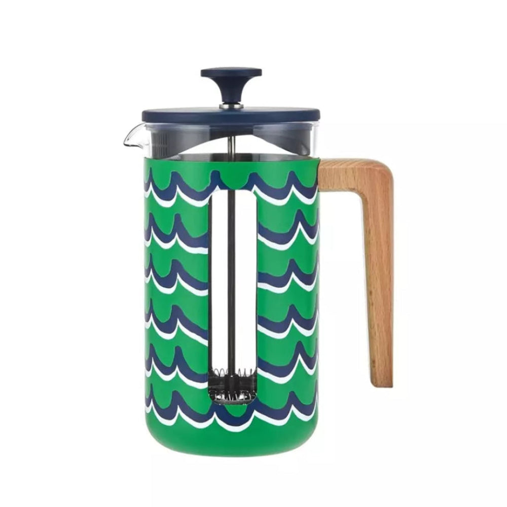 French press with green wavy pattern and wooden handle on a white background