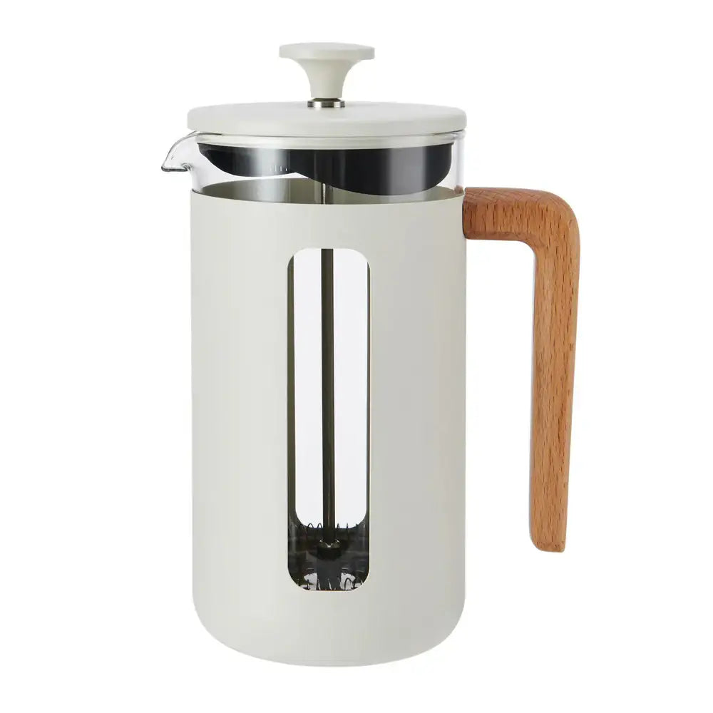 White French press coffee maker with a wooden handle on a white background