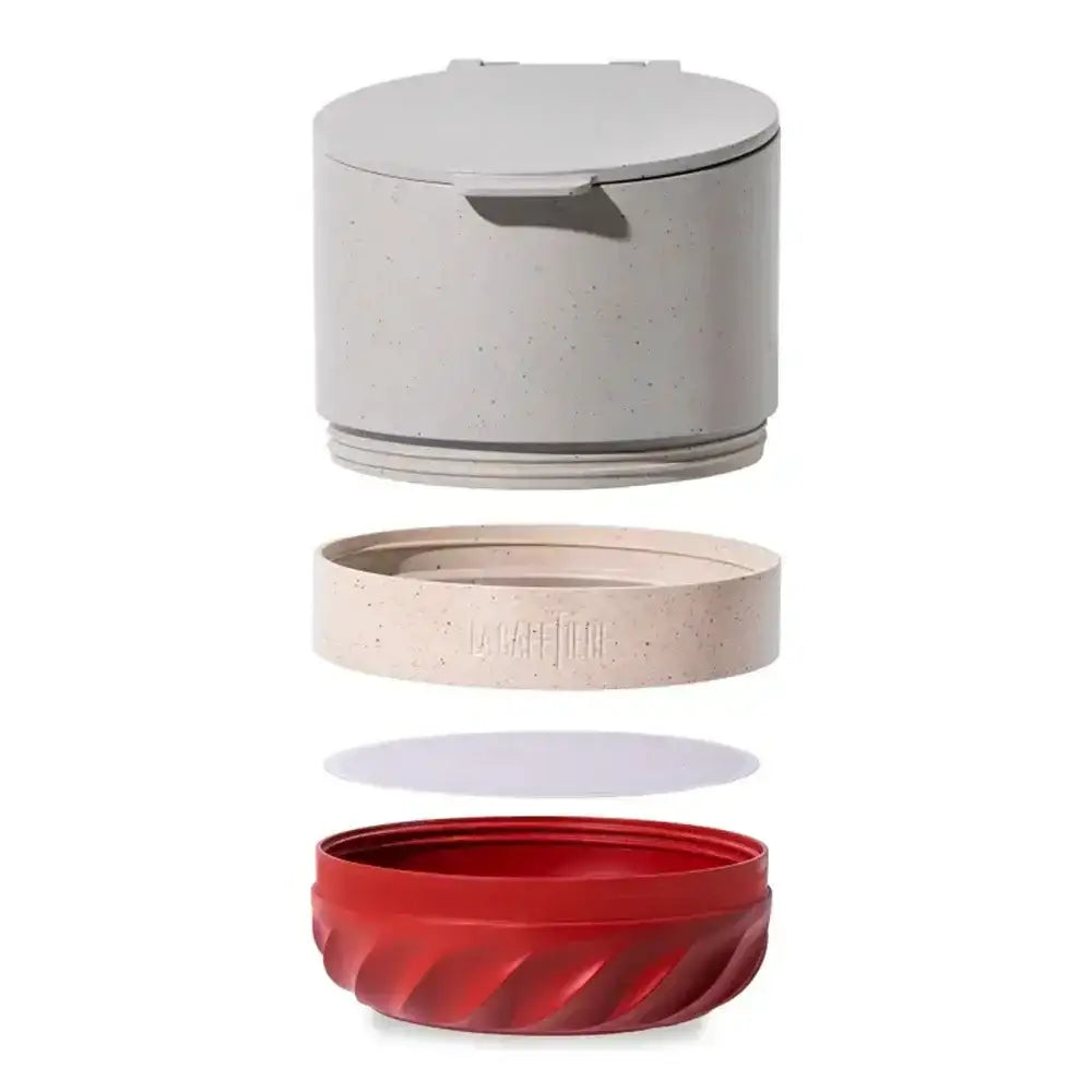 Set of three containers with a white lid, beige middle container, and red bottom container on a white background.