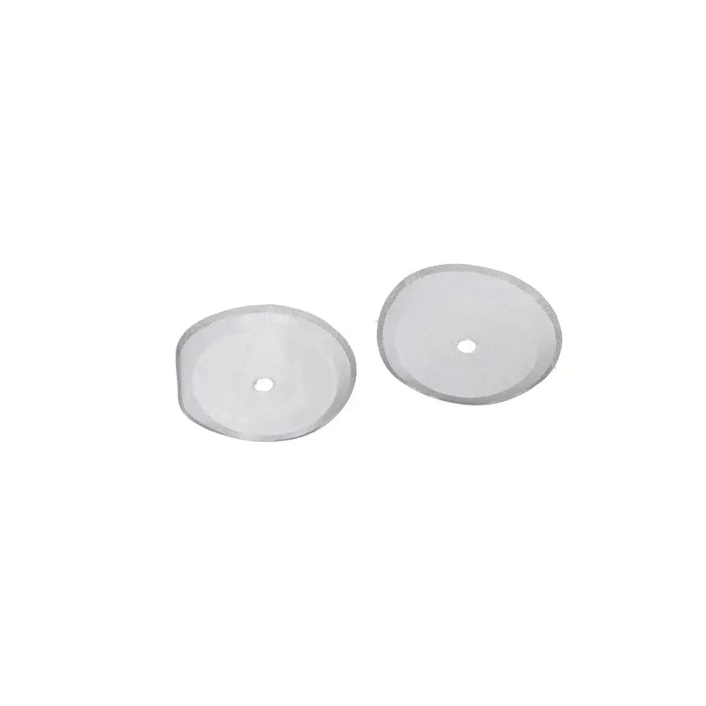 Two white circular objects with small holes on a white background