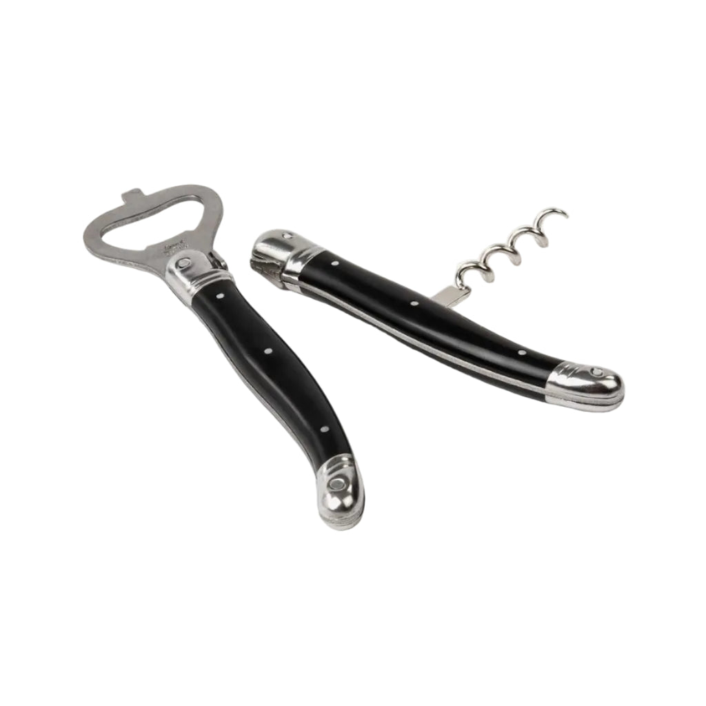 Black bottle opener and corkscrew on a white background