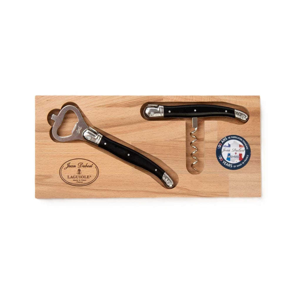 Wine opener set with bottle opener and corkscrew on a wooden tray with a brand logo.