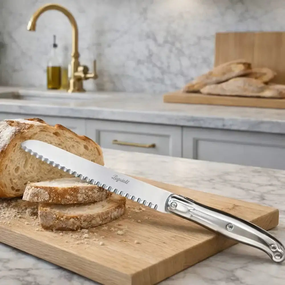 Bread knife on a wooden cutting board with sliced bread in a kitchen setting