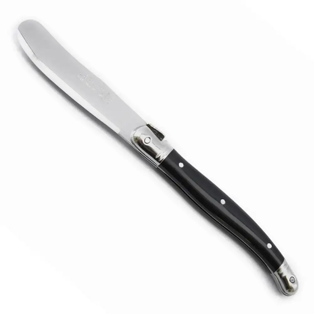 Butter knife with black handle on a white background