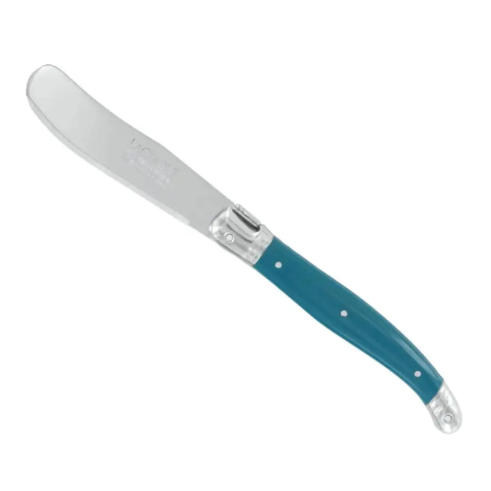 Butter knife with a blue handle on a white background