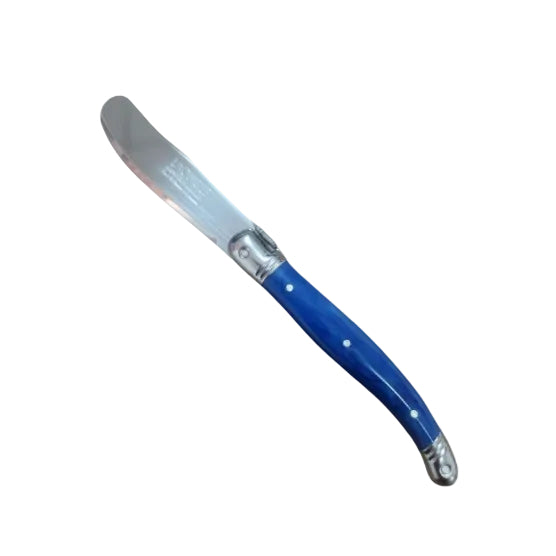 A butter knife with a polished silver stainless steel blade and a glossy blue handle accented with silver rivets and a silver tip, shown on a plain white background.