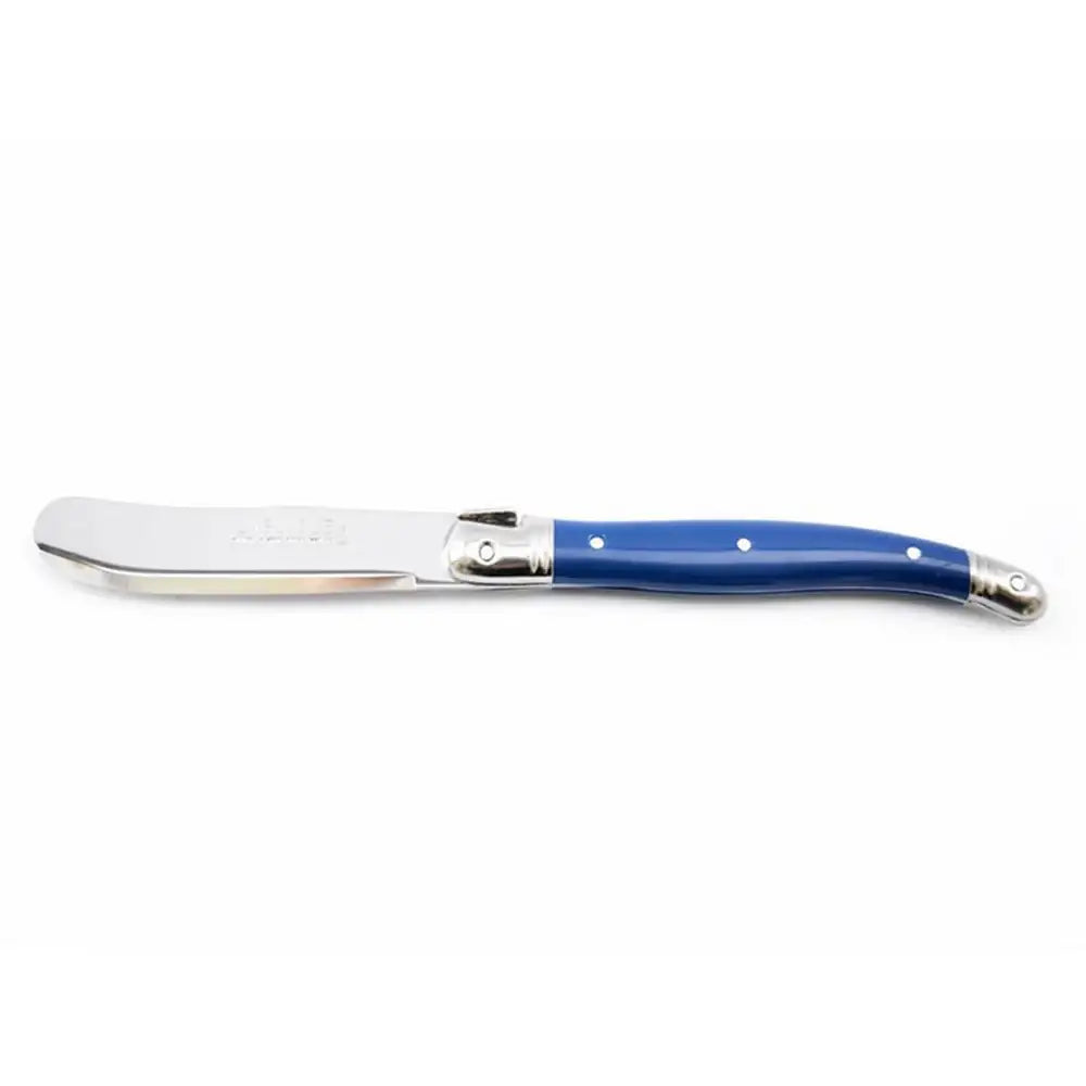 Butter knife with a blue handle on a white background