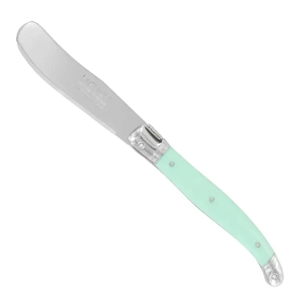 Butter knife with a mint green handle on a white background