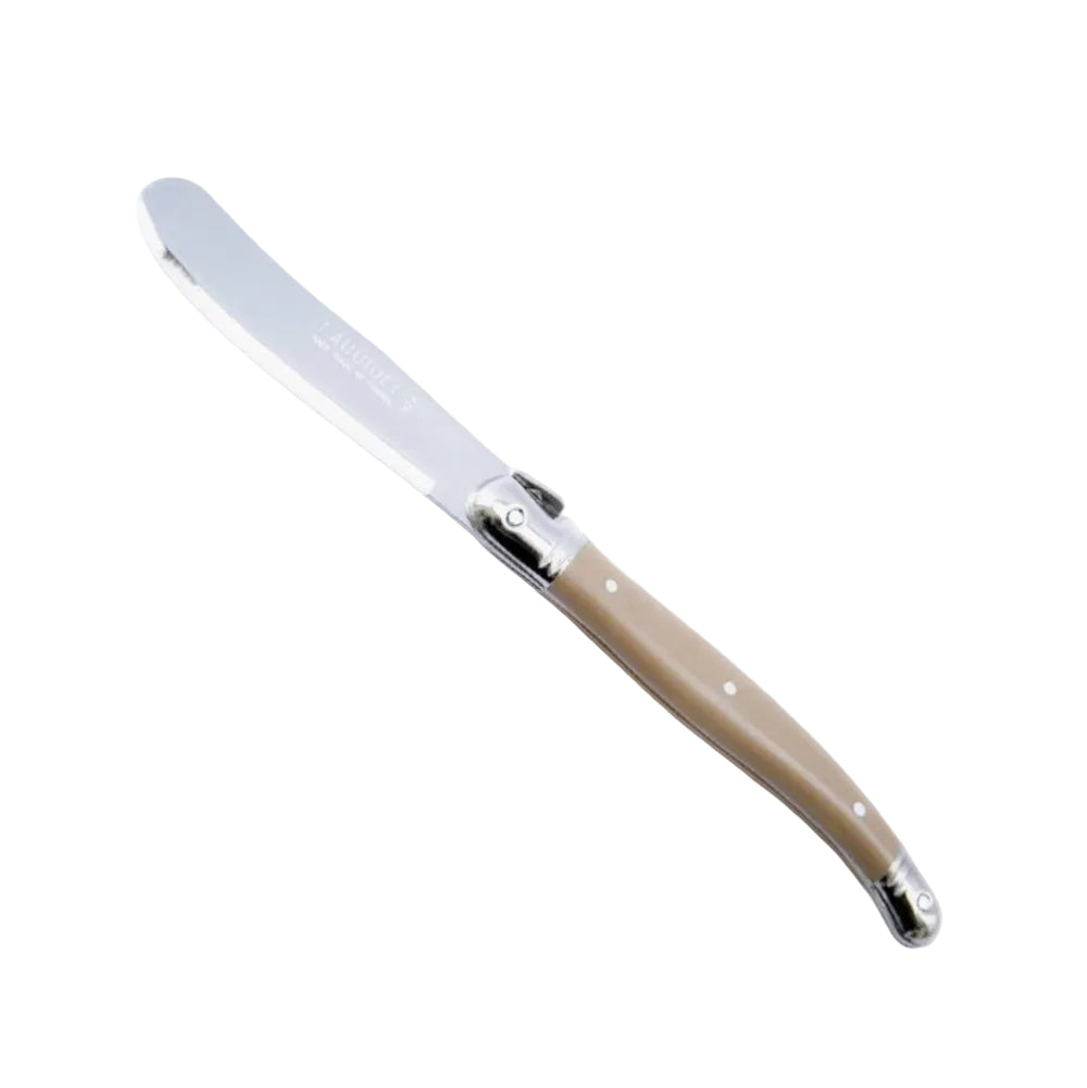 A French butter knife with a silver stainless steel blade and a beige bone handle, shown diagonally on a white background.