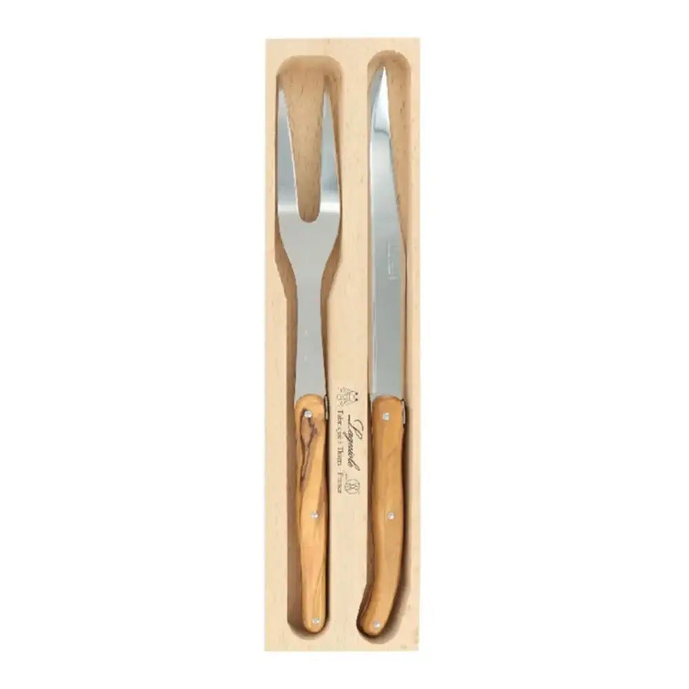 Set of two steak knives with wooden handles in a wooden box on a white background