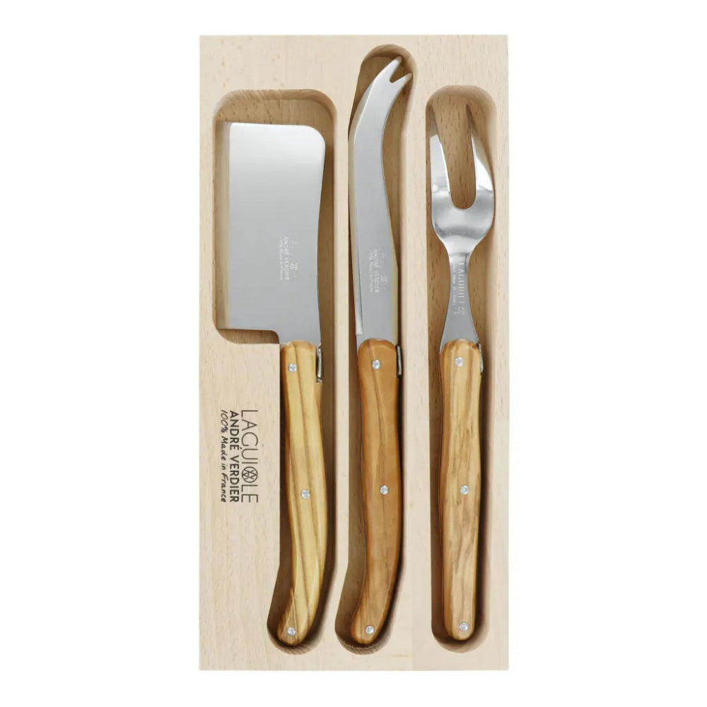 Three-piece cheese knife set with olive wood handles and stainless steel blades, presented in a light wood gift box on a white background.