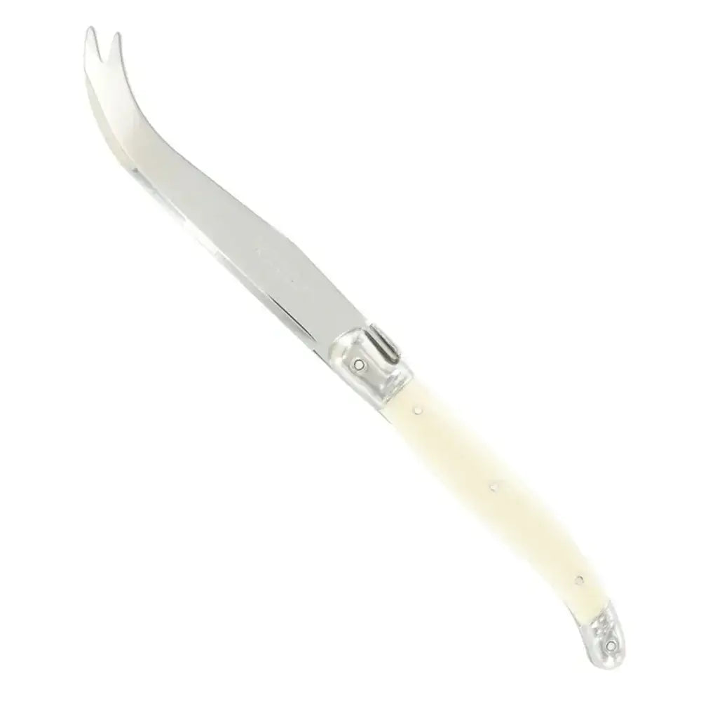Metallic kitchen tool with a white handle on a white background