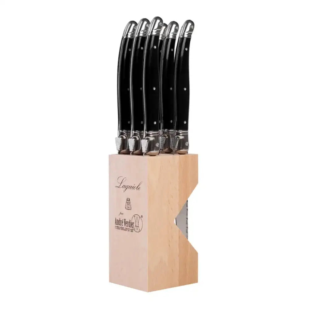 Set of knives with black handles in a wooden block on a white background