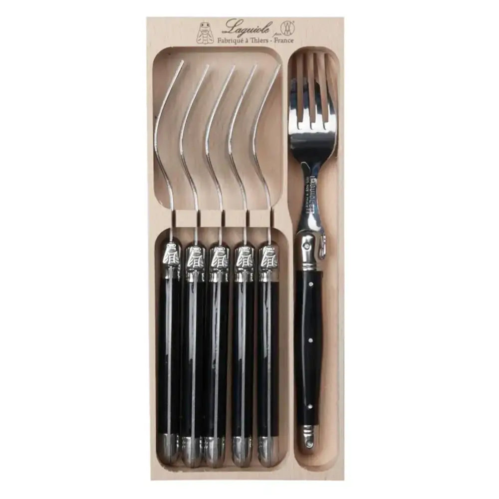 Set of six black-handled forks in a packaging box with Laguiole branding.